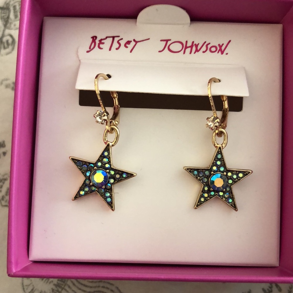 Betsey Johnson Gold Tone Heavenly Creatures Star Drop Earrings Oil Slick Color - Picture 4 of 11